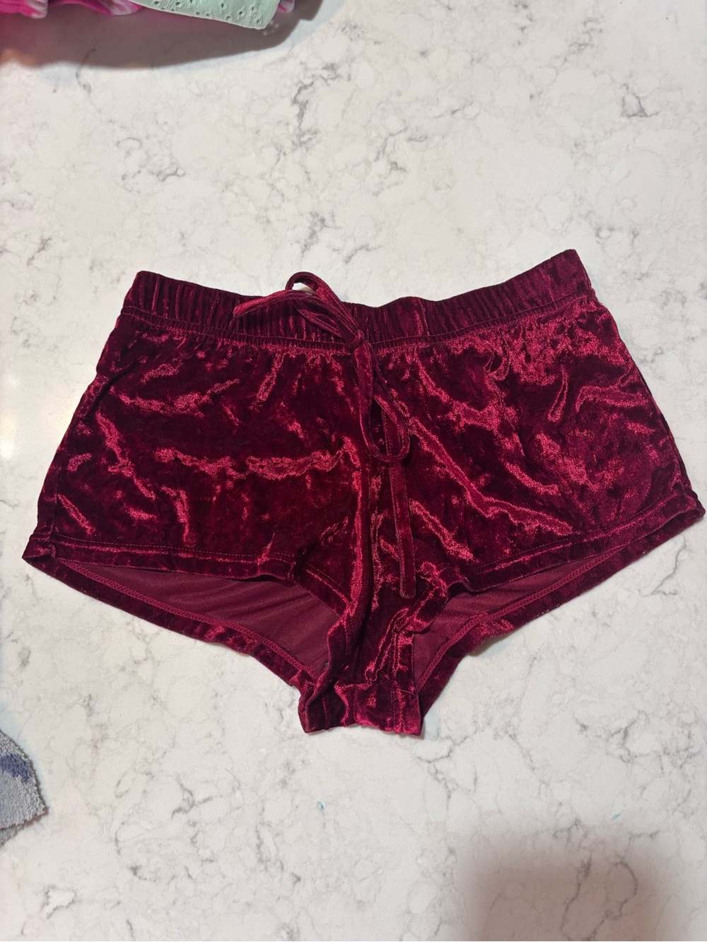 Cheeky Y2K Women's Velvet Drawstring Athletic Shorts in Burgundy